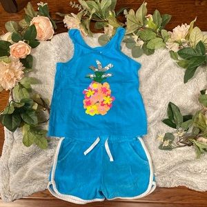 Cat & Jack Summer outfit, blue pineapple tank top w/ blue drawstring, shorts XS